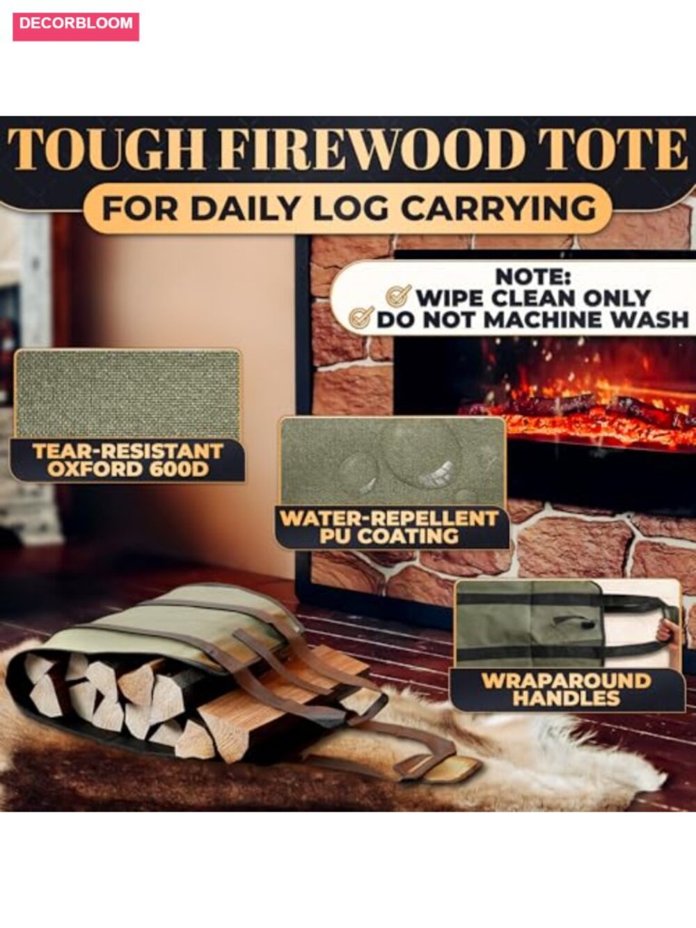 Waxed Canvas Firewood Log Carrier Tote Water-Resistant Foldable - Picture 3 of 5